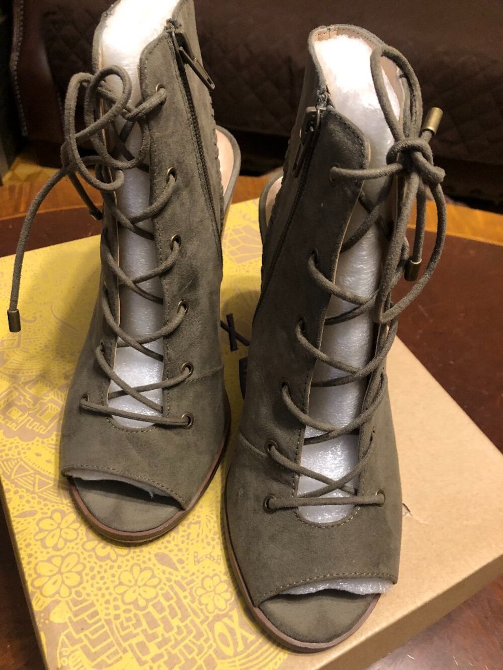 Mix No. 6 Camona Lace-Up Peep Toe Booties Olive Green 8